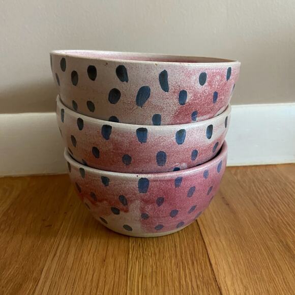 Old House Pottery Seagrove NC Fred Beane Pink and Blue Polka Dot Bowls (3) - Picture 2 of 6